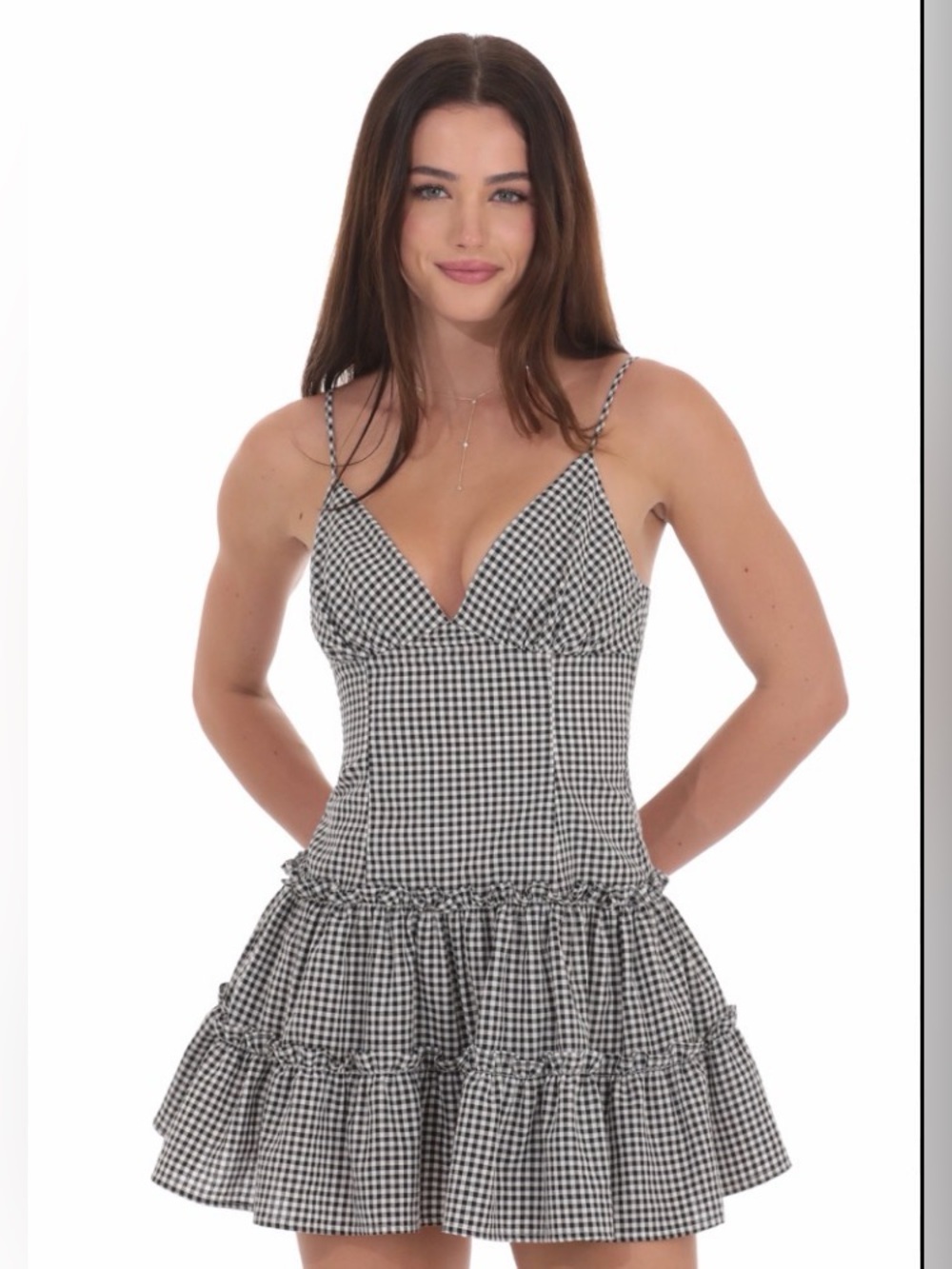 Lucy in the Sky Black White Gingham Tiered Mini Dress Size Small